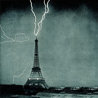 Lightning striking Eiffel Tower background, vintage photograph. Remixed by rawpixel.