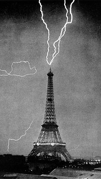 Lightning striking Eiffel Tower iPhone wallpaper, vintage photograph. Remixed by rawpixel.