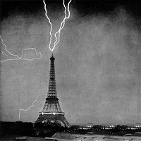 Lightning striking Eiffel Tower background, vintage photograph. Remixed by rawpixel.