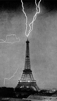 Lightning striking Eiffel Tower iPhone wallpaper, vintage photograph. Remixed by rawpixel.