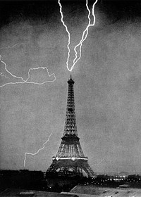 Lightning striking Eiffel Tower background, vintage photograph. Remixed by rawpixel.