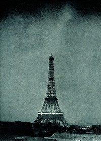 Lightning striking Eiffel Tower background, vintage photograph. Remixed by rawpixel.