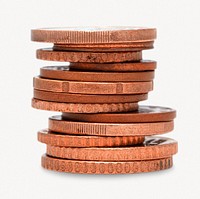 Copper coin stack, isolated object on white