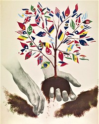 Poster by Henry Eveleigh - United Nations« In 1947, Henry Eveleigh won first prize at an international poster contest organized by the United Nations. His “tree of peace” was disseminated throughout the world in 20 languages. »