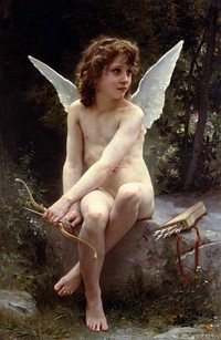 Amour A L'affut (Cupid on the lookout) (1890) oil painting by William-Adolphe Bouguereau. Original public domain image from Wikipedia. Digitally enhanced by rawpixel.