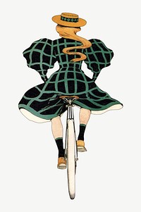 Vintage woman riding bicycle chromolithograph art psd. Remixed by rawpixel. 