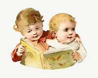 Little boys reading book, chromolithograph illustration psd. Remixed by rawpixel. 