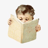 Vintage little boy reading book, chromolithograph illustration. Remixed by rawpixel. 