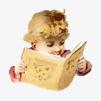 Vintage little boy reading book, chromolithograph illustration. Remixed by rawpixel. 