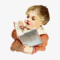 Vintage little boy reading book, chromolithograph illustration. Remixed by rawpixel. 