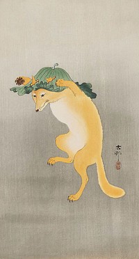 Ohara Koson's Dancing Fox with Lotus-leaf Hat (1910), vintage animal illustration. Original public domain image from Wikimedia Commons.  Digitally enhanced by rawpixel.