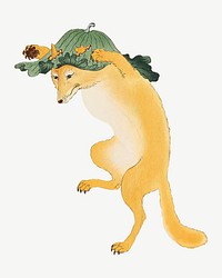 Ohara Koson's Dancing Fox with Lotus-leaf Hat, animal illustration psd. Remixed by rawpixel.
