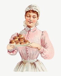 Woman holding pastry plate, vintage illustration psd. Remixed by rawpixel.