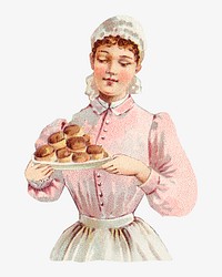 Woman holding pastry plate, vintage illustration. Remixed by rawpixel.