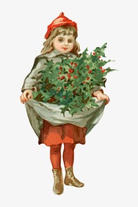 Little girl with holly, vintage illustration by L. Prang & Co. Remixed by rawpixel.