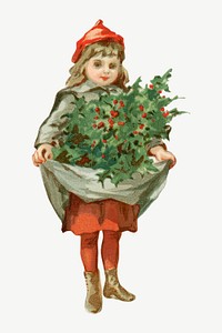 Little girl with holly, vintage illustration by L. Prang & Co psd. Remixed by rawpixel.