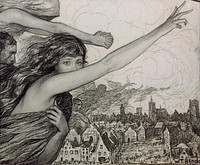 Woman with outstretched gesture and other spirits over townscape (1917) by Wladyslaw Theodore Benda