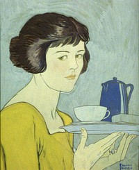 Girl holding tea pot and cup on tray (between 1884 and 1925) by Edward Penfield