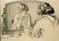 Woman looking at her reflection in mirror (1918) by Frederic Dorr Steele