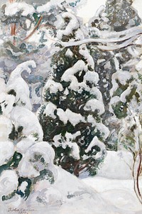 Juniper tree in snow (1917) oil painting by Pekka Halonen. Original public domain image from Finnish National Gallery. Digitally enhanced by rawpixel.