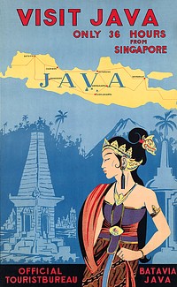 Visit Java. Only 36 hours from Singapore (1910-1959) chromolithograph art  by N. N. Original public domain image from Wikimedia Commons. Digitally enhanced by rawpixel.