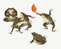 Frog woodblock print collage element psd. Remixed by rawpixel. 