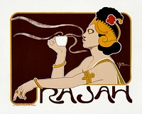 Poster showing woman holding up glass of coffee (Rajah brand) (1897) chromolithograph by Henri Meunier. Original public domain image from Wikipedia. Digitally enhanced by rawpixel.