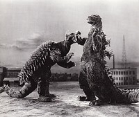 Promotional image from Godzilla Raids Again. Anguirus left, Godzilla right (1955) by Toho Company Ltd. Original public domain image from Wikipedia. Digitally enhanced by rawpixel.