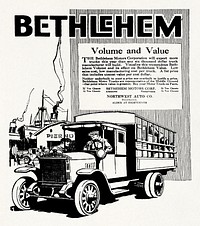 Oregon newspaper ad for Bethlehem Trucks (1920) chromolithograph by Bethlehem Motors. Original public domain image from Wikipedia. Digitally enhanced by rawpixel.