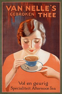 Broken tea full and fragrant. Specialty Afternoon Tea (1927-1932) chromolithograph by Heir de Wed. J. van Nelle. Original public domain image from Wikipedia. Digitally enhanced by rawpixel.