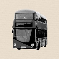 Black & white double-decker bus collage element psd