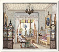 Empress Alexandra Feodorovna's Sitting Room, Cottage Palace, St. Petersburg, Russia, (1835), vintage interior illustration by Eduard Petrovich Hau Original public domain image from The Smithsonian Institution. Digitally enhanced by rawpixel.