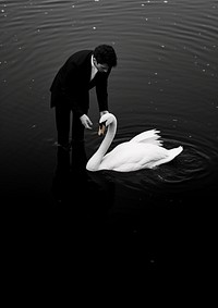A man wearing black feeding white swan in the black river outdoors animal nature. AI generated Image by rawpixel.