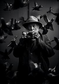 An old man wearing vintage cloth using film camera taking a photo of birds photography portrait animal. AI generated Image by rawpixel.