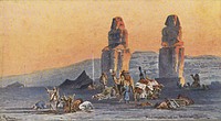 Fotoreproductie van een schilderij van Friedrich Perlberg, voorstellend de Kolossen van Memnon in Thebe (c. 1895 - in or before 1905) by anonymous and Friedrich Perlberg