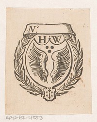 Vignet met twee vleugels, het monogram HW en het wapen van de stad Haarlem (1600 - 1699) by anonymous and Dirck de Bray