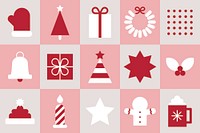 Flat vector style Christmas icons in red, white, and pink. Festive vector design with gifts and holiday symbols in flat style. Cute flat graphic illustration festive holiday and Christmas element set.