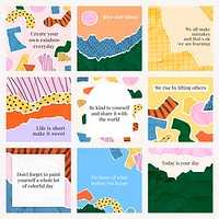 Motivational social media template vector on ripped paper background set