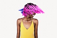Pink hair woman shaking head, summer concept