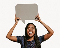 Woman holding speech bubble, communication concept