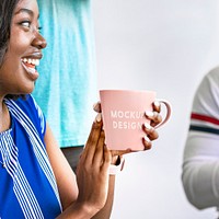 Black woman with a pink coffee cup mockup
