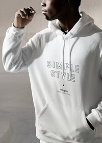 Printed white hoodie mockup psd simple style closeup men’s apparel fashion shoot