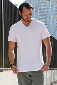 Casual white t-shirt mockup psd man in the city apparel shoot