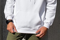 White trendy hoodie mockup psd closeup menswear fashion shoot