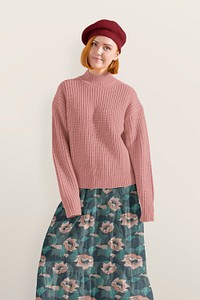 Happy woman in pink sweater and floral dress, autumn apparel fashion design
