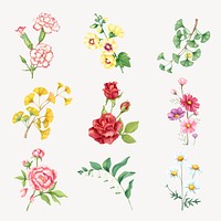 Watercolor flower sticker, beautiful graphic psd set