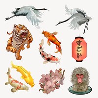 Japanese animal stickers, traditional realistic illustration set psd 