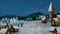 Winter night desktop wallpaper, snowy village, hand drawn design
