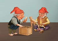 Santa's elves making toy from wood, hand drawn vector