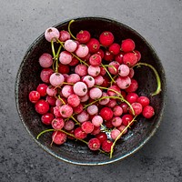 Frozen red currant berry in a bowl, food photography, flat lay style